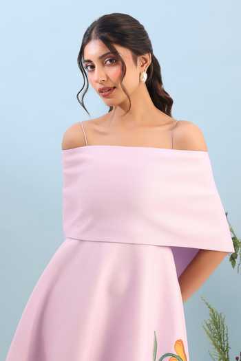 Ozeqo_Pink Neoprene, Lycra Off-shoulder Tuscany Printed Dress With Draped Wrap _Online_at_Aza_Fashions