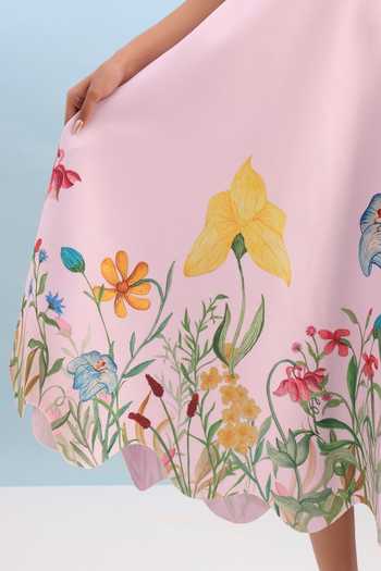 Buy_Ozeqo_Pink Neoprene, Lycra Off-shoulder Tuscany Printed Dress With Draped Wrap _Online_at_Aza_Fashions