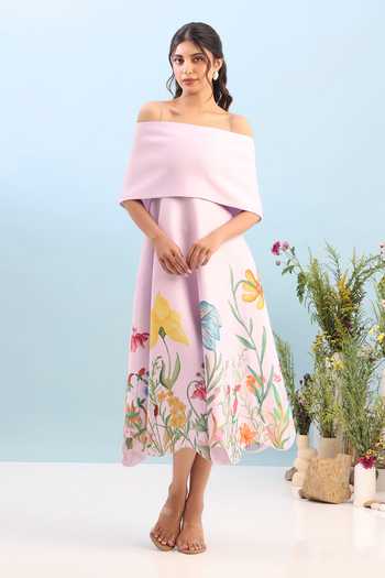 Buy_Ozeqo_Pink Neoprene, Lycra Off-shoulder Tuscany Printed Dress With Draped Wrap _at_Aza_Fashions