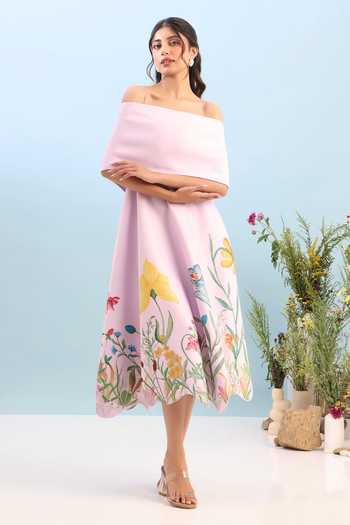 Shop_Ozeqo_Pink Neoprene, Lycra Off-shoulder Tuscany Printed Dress With Draped Wrap _Online_at_Aza_Fashions