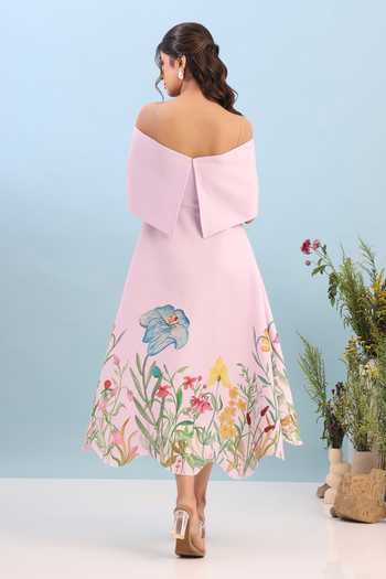 Shop_Ozeqo_Pink Neoprene, Lycra Off-shoulder Tuscany Printed Dress With Draped Wrap _at_Aza_Fashions