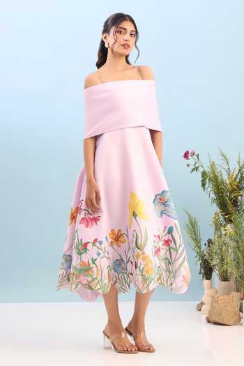 Ozeqo_Pink Neoprene, Lycra Off-shoulder Tuscany Printed Dress With Draped Wrap _at_Aza_Fashions
