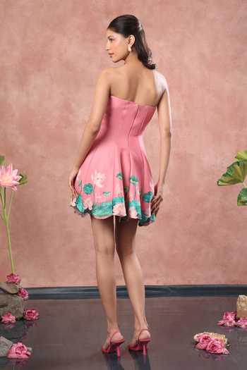 Shop_Ozeqo_Pink Neoprene Bandeau Neck, Off-shoulder Ubud Short Panel Printed Dress _at_Aza_Fashions