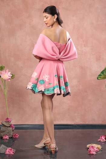 Shop_Ozeqo_Pink Neoprene Off-shoulder Ubud Printed Dress With Draped Bow Wrap _at_Aza_Fashions