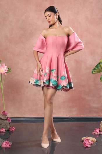 Ozeqo_Pink Neoprene Off-shoulder Ubud Printed Dress With Draped Bow Wrap _Online_at_Aza_Fashions