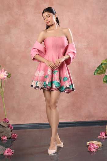 Shop_Ozeqo_Pink Neoprene Off-shoulder Ubud Printed Dress With Draped Bow Wrap _Online_at_Aza_Fashions