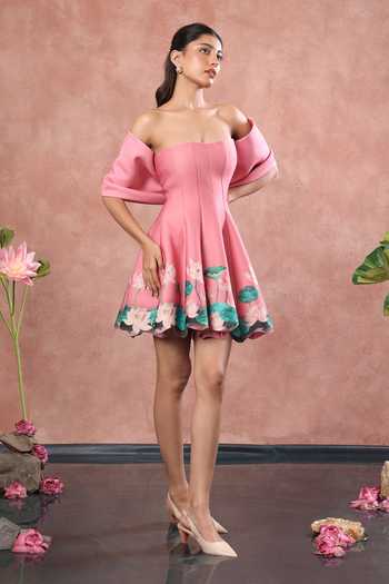 Ozeqo_Pink Neoprene Off-shoulder Ubud Printed Dress With Draped Bow Wrap _at_Aza_Fashions