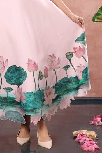 Ozeqo_Pink Lycra, Neoprene Bandeau Neck Udaipur Blush Printed Skirt And Top Set _Online_at_Aza_Fashions