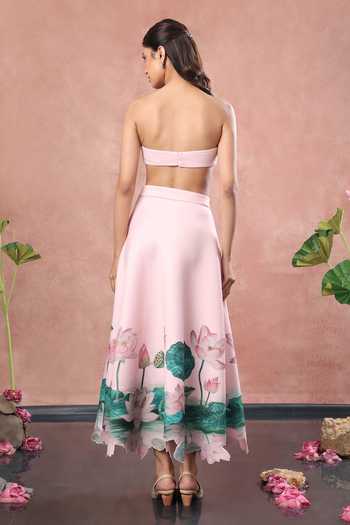 Shop_Ozeqo_Pink Lycra, Neoprene Bandeau Neck Udaipur Blush Printed Skirt And Top Set _at_Aza_Fashions