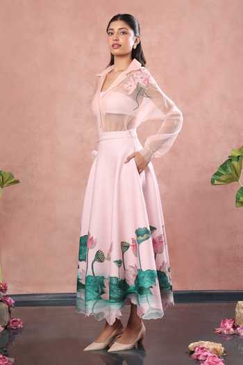 Buy_Ozeqo_Pink Lycra, Neoprene Bandeau Neck Udaipur Blush Printed Skirt And Top Set _Online_at_Aza_Fashions