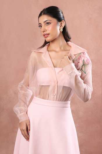 Ozeqo_Pink Net, Neoprene, Lycra Udaipur Printed Skirt Set With Sheer Overlay _Online_at_Aza_Fashions