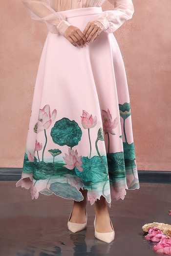 Buy_Ozeqo_Pink Net, Neoprene, Lycra Udaipur Printed Skirt Set With Sheer Overlay _Online_at_Aza_Fashions