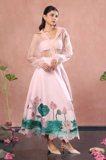 Shop_Ozeqo_Pink Net, Neoprene, Lycra Udaipur Printed Skirt Set With Sheer Overlay _Online_at_Aza_Fashions