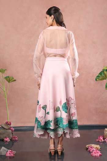 Shop_Ozeqo_Pink Net, Neoprene, Lycra Udaipur Printed Skirt Set With Sheer Overlay _at_Aza_Fashions