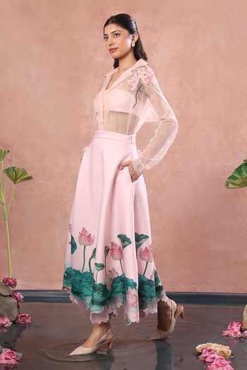 Ozeqo_Pink Net, Neoprene, Lycra Udaipur Printed Skirt Set With Sheer Overlay _at_Aza_Fashions