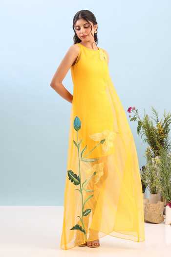 Ozeqo_Yellow Organza, Lycra, Neoprene Wanaka Short Dress With Printed Overlay _Online_at_Aza_Fashions
