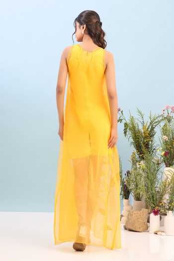 Shop_Ozeqo_Yellow Organza, Lycra, Neoprene Wanaka Short Dress With Printed Overlay _at_Aza_Fashions