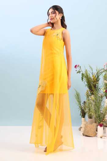 Buy_Ozeqo_Yellow Organza, Lycra, Neoprene Wanaka Short Dress With Printed Overlay _Online_at_Aza_Fashions