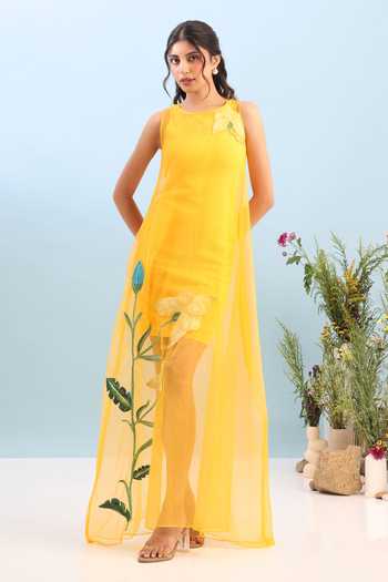 Shop_Ozeqo_Yellow Organza, Lycra, Neoprene Wanaka Short Dress With Printed Overlay _Online_at_Aza_Fashions