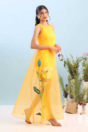 Ozeqo_Yellow Organza, Lycra, Neoprene Wanaka Short Dress With Printed Overlay _at_Aza_Fashions