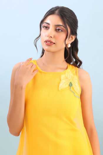 Buy_Ozeqo_Yellow Organza, Lycra, Neoprene Wanaka Short Dress With Printed Overlay 