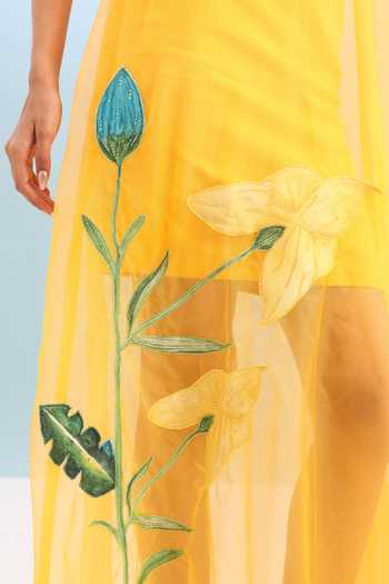 Shop_Ozeqo_Yellow Organza, Lycra, Neoprene Wanaka Short Dress With Printed Overlay 