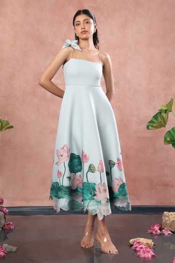 Ozeqo_Green Neoprene Square Neck Alleppey Print Flared Dress _Online_at_Aza_Fashions