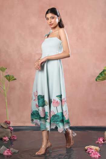 Shop_Ozeqo_Green Neoprene Square Neck Alleppey Print Flared Dress _Online_at_Aza_Fashions