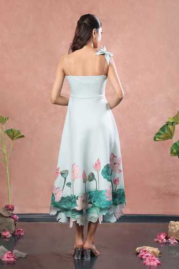 Shop_Ozeqo_Green Neoprene Square Neck Alleppey Print Flared Dress _at_Aza_Fashions
