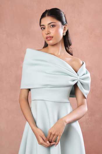 Ozeqo_Green Neoprene, Lycra Square Neck Alleppey Printed Dress With Draped Bow _Online_at_Aza_Fashions