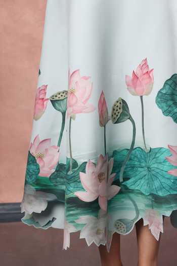 Buy_Ozeqo_Green Neoprene, Lycra Square Neck Alleppey Printed Dress With Draped Bow _Online_at_Aza_Fashions