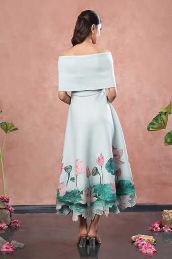 Shop_Ozeqo_Green Neoprene, Lycra Square Neck Alleppey Printed Dress With Draped Bow _at_Aza_Fashions