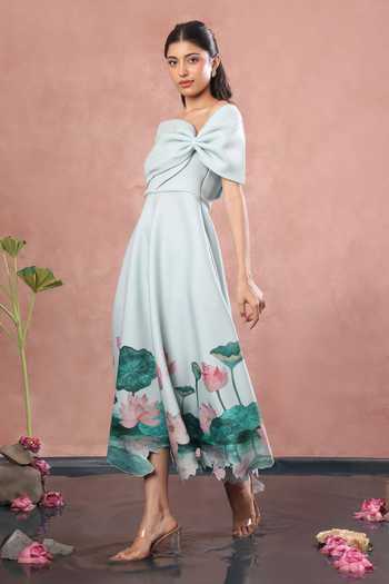 Shop_Ozeqo_Green Neoprene, Lycra Square Neck Alleppey Printed Dress With Draped Bow _Online_at_Aza_Fashions