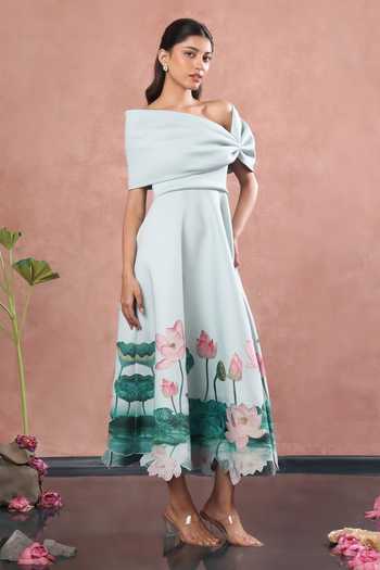 Ozeqo_Green Neoprene, Lycra Square Neck Alleppey Printed Dress With Draped Bow _at_Aza_Fashions