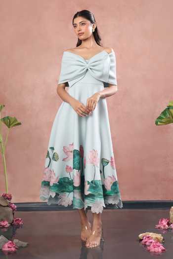 Buy_Ozeqo_Green Neoprene, Lycra Square Neck Alleppey Printed Dress With Draped Bow 