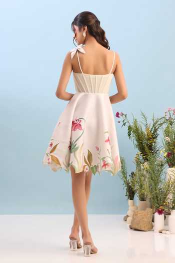 Shop_Ozeqo_Beige Net, Neoprene Sweetheart Neck Aspen Corset Short Printed Dress _at_Aza_Fashions