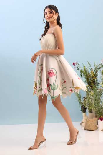 Buy_Ozeqo_Beige Net, Neoprene Sweetheart Neck Aspen Corset Short Printed Dress _Online_at_Aza_Fashions