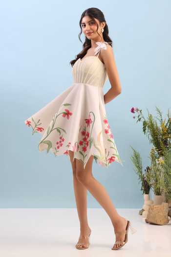 Shop_Ozeqo_Beige Net, Neoprene Sweetheart Neck Aspen Corset Short Printed Dress _Online_at_Aza_Fashions