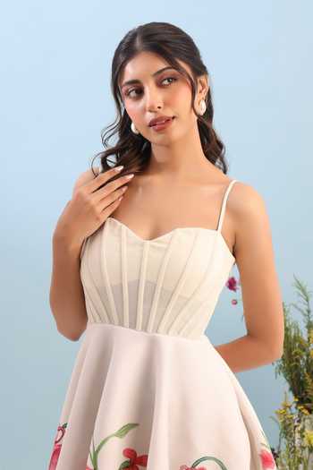 Ozeqo_Beige Net, Neoprene Sweetheart Neck Aspen Corset Short Printed Dress _at_Aza_Fashions