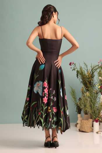 Shop_Ozeqo_Black Neoprene Square Neck Devon Printed Panel Dress _at_Aza_Fashions