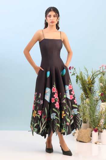 Buy_Ozeqo_Black Neoprene Square Neck Devon Printed Panel Dress _Online_at_Aza_Fashions
