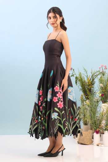 Shop_Ozeqo_Black Neoprene Square Neck Devon Printed Panel Dress _Online_at_Aza_Fashions