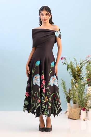 Buy_Ozeqo_Black Neoprene Square Neck Printed Dress With Detachable Draped Wrap _Online_at_Aza_Fashions