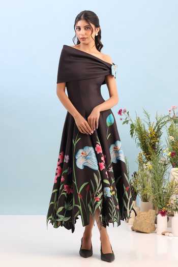 Shop_Ozeqo_Black Neoprene Square Neck Printed Dress With Detachable Draped Wrap _Online_at_Aza_Fashions