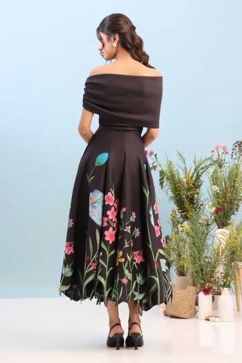 Shop_Ozeqo_Black Neoprene Square Neck Printed Dress With Detachable Draped Wrap _at_Aza_Fashions