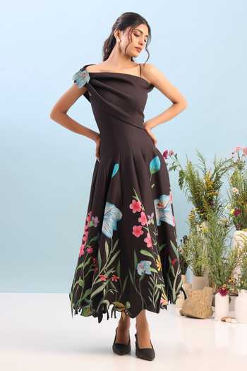 Ozeqo_Black Neoprene Square Neck Printed Dress With Detachable Draped Wrap _at_Aza_Fashions