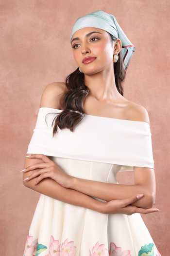 Ozeqo_White Neoprene, Lycra Off-shoulder Hanoi Printed Dress With Draped Wrap _Online_at_Aza_Fashions