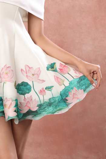 Buy_Ozeqo_White Neoprene, Lycra Off-shoulder Hanoi Printed Dress With Draped Wrap _Online_at_Aza_Fashions
