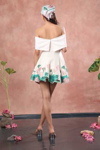 Shop_Ozeqo_White Neoprene, Lycra Off-shoulder Hanoi Printed Dress With Draped Wrap _at_Aza_Fashions