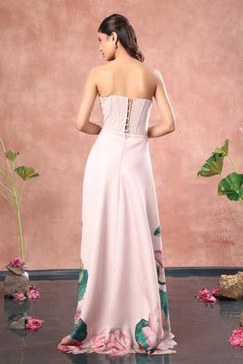 Shop_Ozeqo_Pink Neoprene Off-shoulder Hue Corset Printed High Low Dress _at_Aza_Fashions